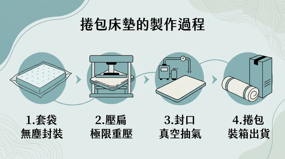 捲包床墊的無塵套袋、重壓扁平、真空抽氣至裝箱捲包四步驟製作流程圖