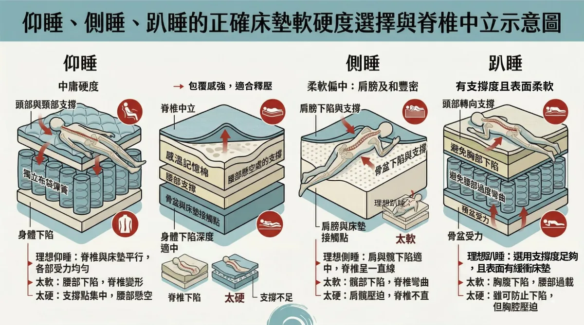 仰睡、側睡、趴睡的正確床墊軟硬度選擇與脊椎中立示意圖