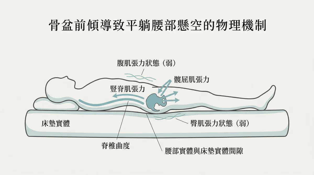 骨盆前傾造成平躺時腰椎懸空與肌肉緊繃的人體力學結構圖