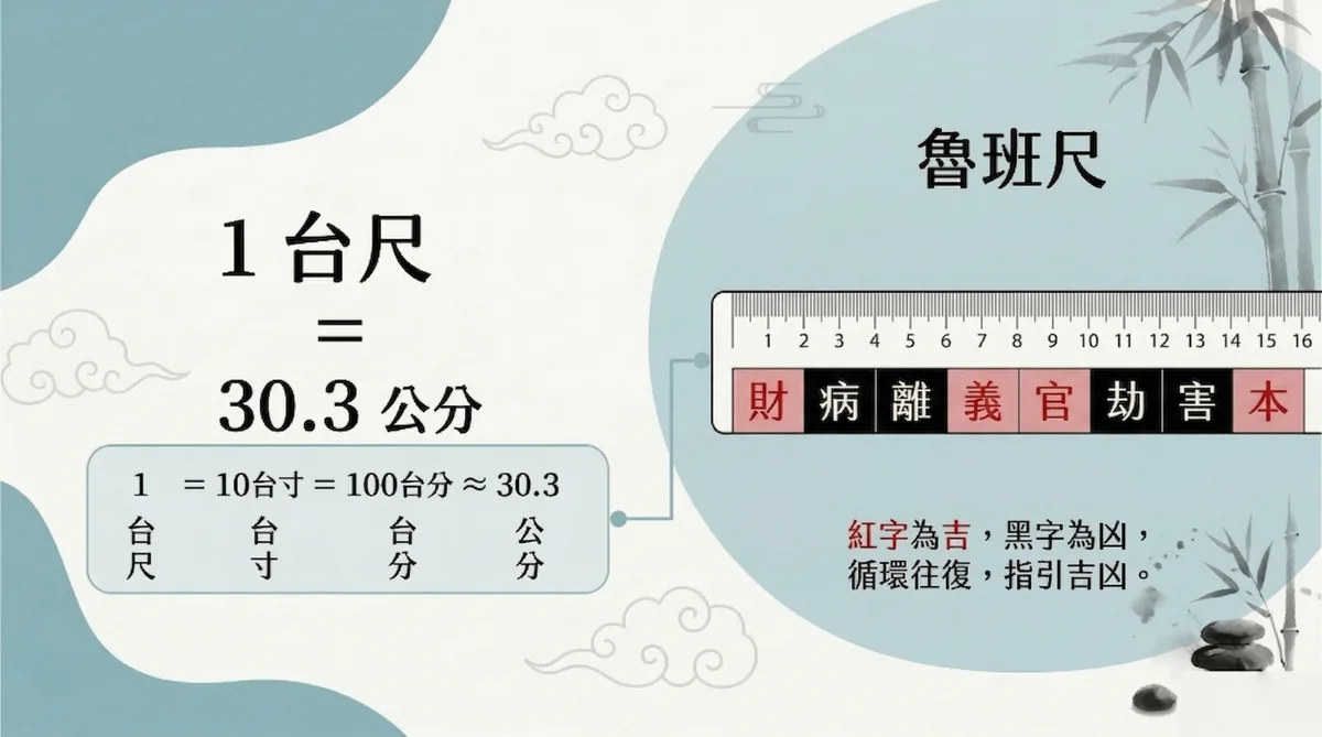 台灣床墊尺寸測量單位：1台尺等於 30.3 公分與傳統魯班尺紅黑字對照圖