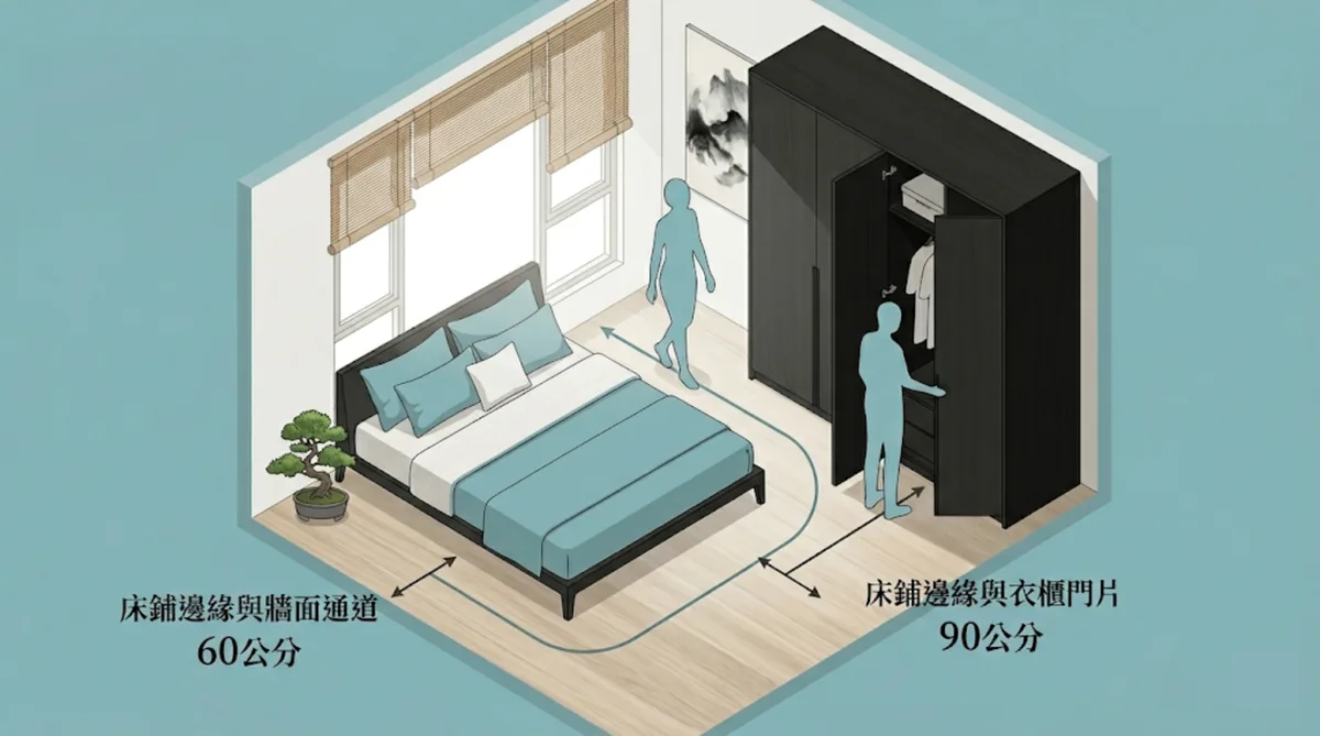 臥室床鋪與衣櫃、走道的黃金動線距離標示圖