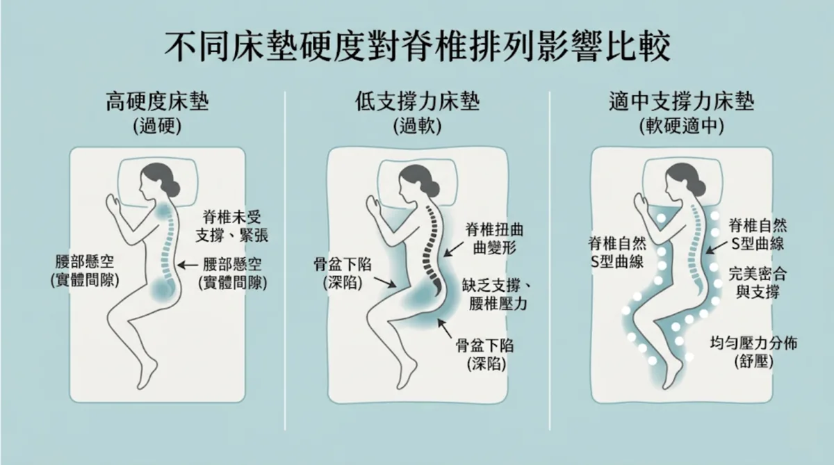 過硬、過軟與軟硬適中床墊對人體平躺脊椎曲線影響
