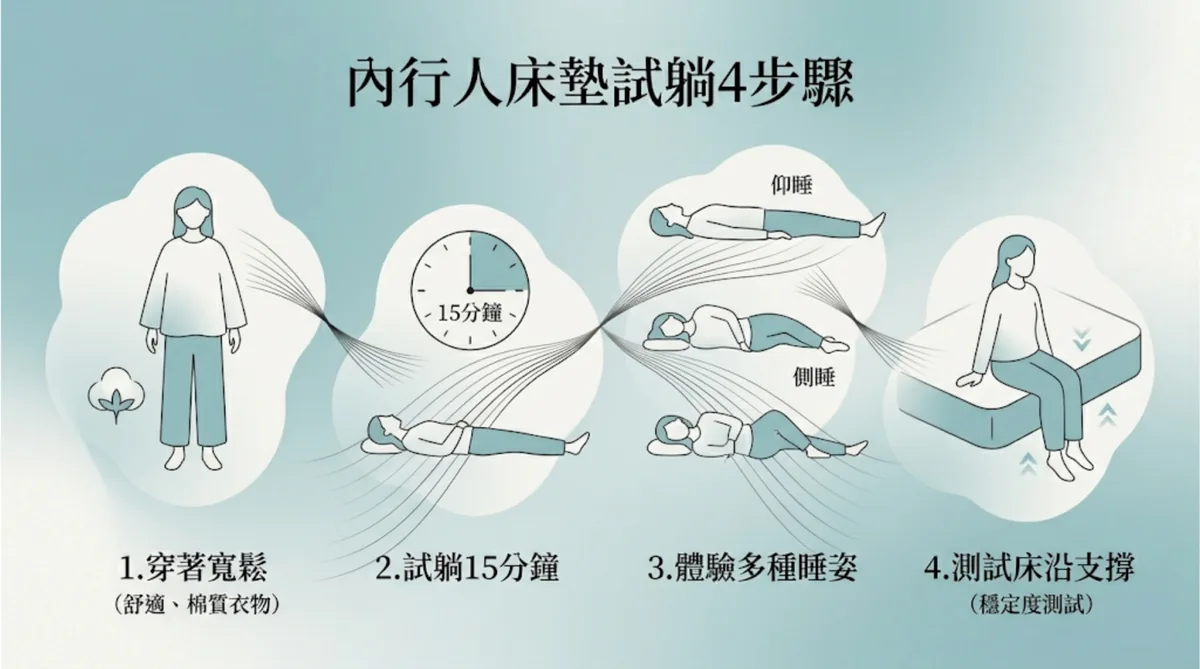 內行人床墊試躺4步驟：穿著寬鬆、試躺15分鐘、體驗多種睡姿與測試床沿支撐。