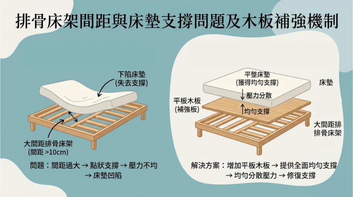 排骨床架間距過大導致床墊凹陷的原因及加入木板補強