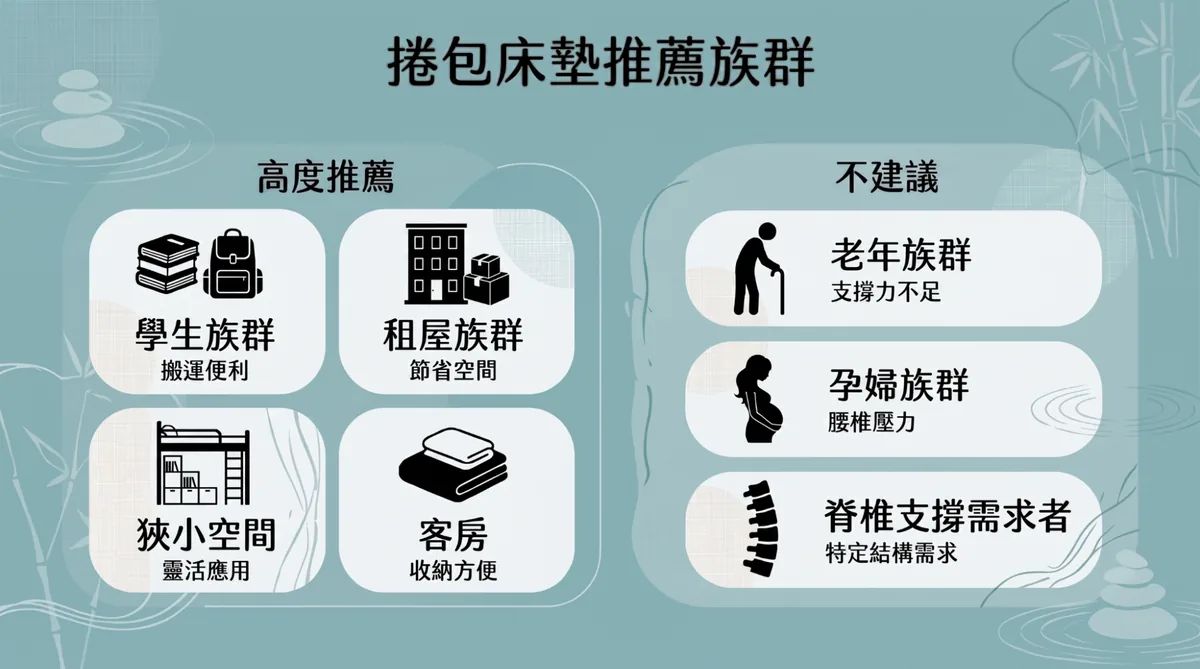 適合購買捲包床墊的學生租屋族與不建議族群分類指標
