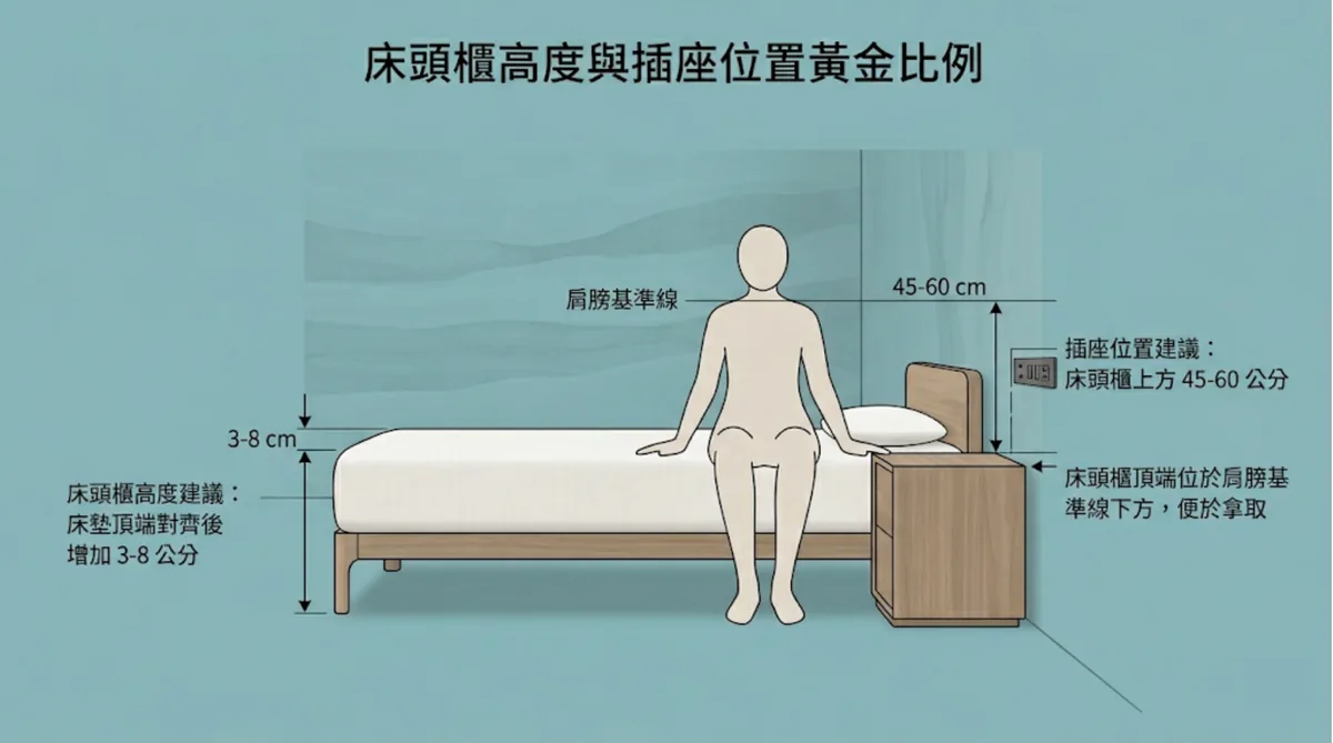 方便拿取與充電的床頭櫃、床墊高度黃金比例與插座位置