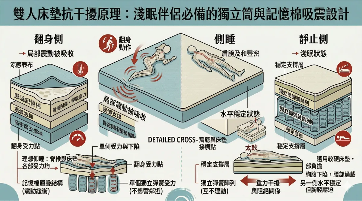 雙人床墊抗干擾原理：淺眠伴侶必備的獨立筒與記憶棉吸震設計