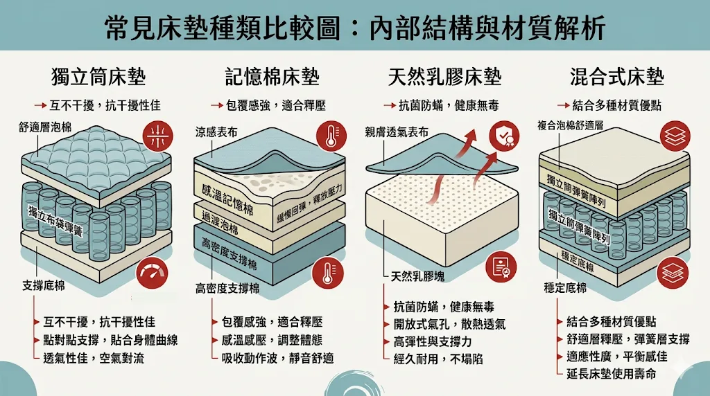 常見床墊種類比較圖：獨立筒、記憶棉、天然乳膠與混合式床墊結構解析 