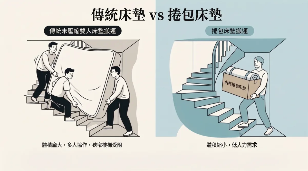 傳統床墊與捲包床墊在狹窄樓梯的搬運體積與人力