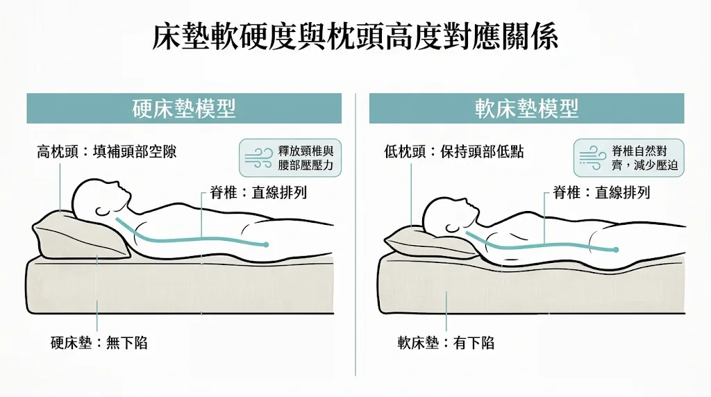 硬床搭配高枕與軟床搭配低枕之脊椎支撐比較