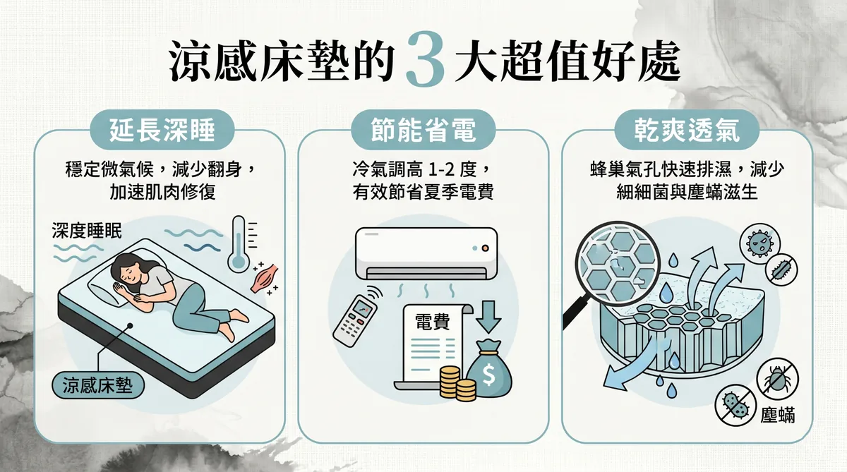 涼感床墊三大好處，提升深度睡眠、節能省電與防蟎透氣